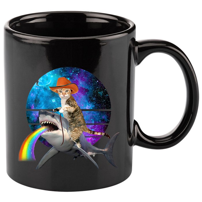 Funny Cat Riding Shark Puking Rainbow Galaxy Space Humor Pun Ank Op 11oz C Handle Ceramic Mug