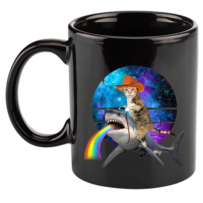 Funny Cat Riding Shark Puking Rainbow Galaxy Space Humor Pun Ank Op 11oz C Handle Ceramic Mug