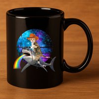 Funny Cat Riding Shark Puking Rainbow Galaxy Space Humor Pun Ank Op 11oz C Handle Ceramic Mug