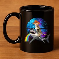 Funny Cat Riding Shark Puking Rainbow Galaxy Space Humor Pun Ank Op 11oz C Handle Ceramic Mug