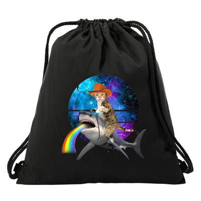 Funny Cat Riding Shark Puking Rainbow Galaxy Space Humor Pun Ank Op Drawstring Bag