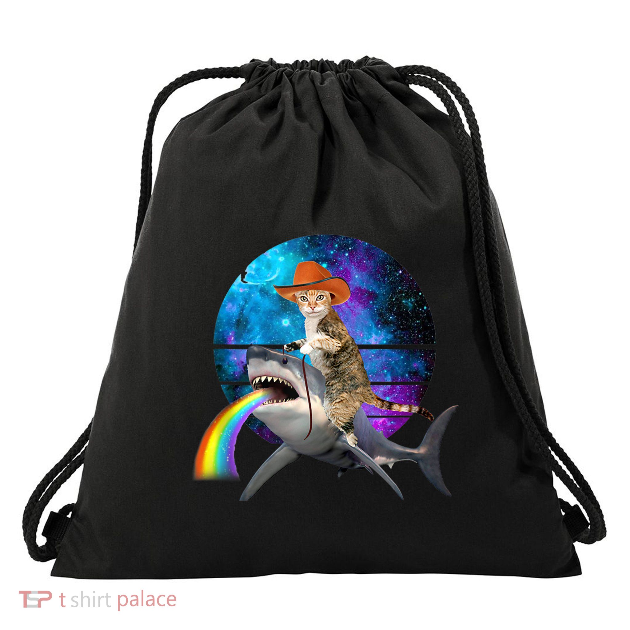 Funny Cat Riding Shark Puking Rainbow Galaxy Space Humor Pun Ank Op Drawstring Bag