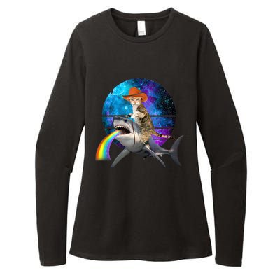 Funny Cat Riding Shark Puking Rainbow Galaxy Space Humor Pun Ank Op Womens CVC Long Sleeve Shirt