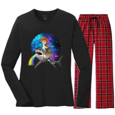 Funny Cat Riding Shark Puking Rainbow Galaxy Space Humor Pun Ank Op Women's Long Sleeve Flannel Pajama Set 