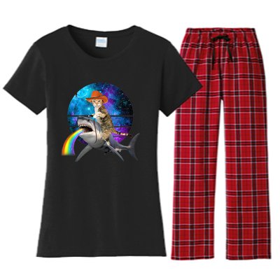 Funny Cat Riding Shark Puking Rainbow Galaxy Space Humor Pun Ank Op Women's Flannel Pajama Set