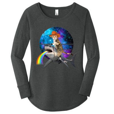 Funny Cat Riding Shark Puking Rainbow Galaxy Space Humor Pun Ank Op Women's Perfect Tri Tunic Long Sleeve Shirt