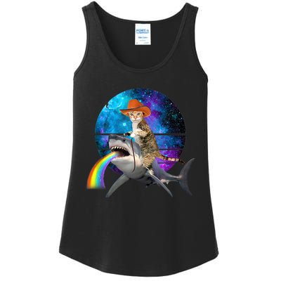 Funny Cat Riding Shark Puking Rainbow Galaxy Space Humor Pun Ank Op Ladies Essential Tank