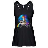 Funny Cat Riding Shark Puking Rainbow Galaxy Space Humor Pun Ank Op Ladies Essential Flowy Tank