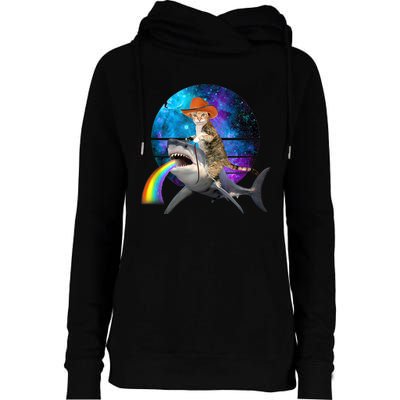 Funny Cat Riding Shark Puking Rainbow Galaxy Space Humor Pun Ank Op Womens Funnel Neck Pullover Hood