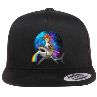 Funny Cat Riding Shark Puking Rainbow Galaxy Space Humor Pun Ank Op Flatbill Hat