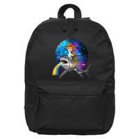 Funny Cat Riding Shark Puking Rainbow Galaxy Space Humor Pun Ank Op 16 in Basic Backpack