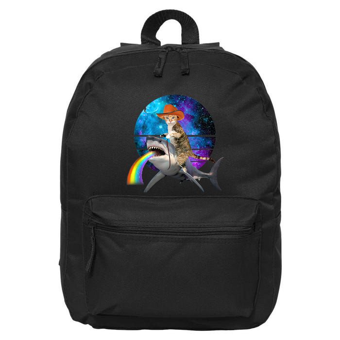 Funny Cat Riding Shark Puking Rainbow Galaxy Space Humor Pun Ank Op 16 in Basic Backpack