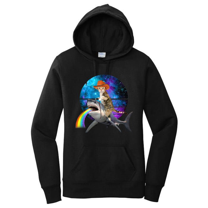 Funny Cat Riding Shark Puking Rainbow Galaxy Space Humor Pun Ank Op Women's Pullover Hoodie