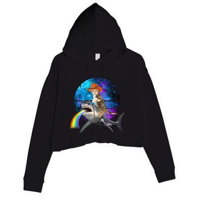 Funny Cat Riding Shark Puking Rainbow Galaxy Space Humor Pun Ank Op Crop Fleece Hoodie