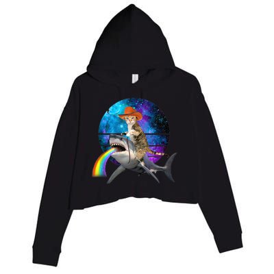 Funny Cat Riding Shark Puking Rainbow Galaxy Space Humor Pun Ank Op Crop Fleece Hoodie