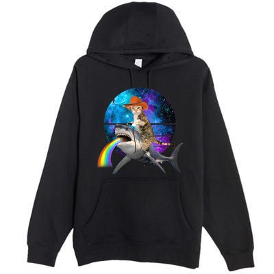 Funny Cat Riding Shark Puking Rainbow Galaxy Space Humor Pun Ank Op Premium Pullover Hoodie