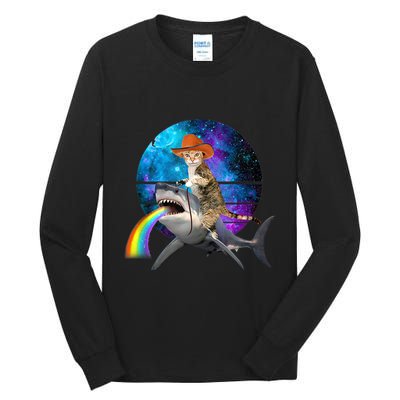 Funny Cat Riding Shark Puking Rainbow Galaxy Space Humor Pun Ank Op Tall Long Sleeve T-Shirt