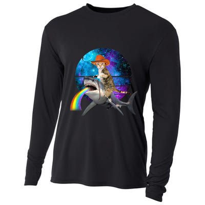Funny Cat Riding Shark Puking Rainbow Galaxy Space Humor Pun Ank Op Cooling Performance Long Sleeve Crew