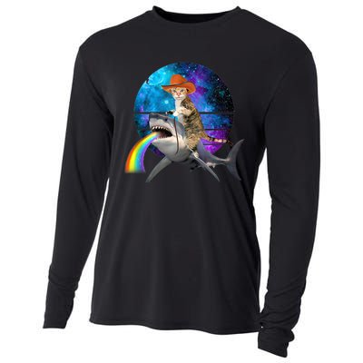 Funny Cat Riding Shark Puking Rainbow Galaxy Space Humor Pun Ank Op Cooling Performance Long Sleeve Crew