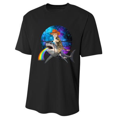 Funny Cat Riding Shark Puking Rainbow Galaxy Space Humor Pun Ank Op Performance Sprint T-Shirt