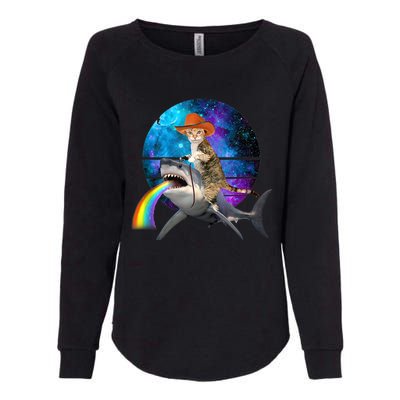 Funny Cat Riding Shark Puking Rainbow Galaxy Space Humor Pun Ank Op Womens California Wash Sweatshirt