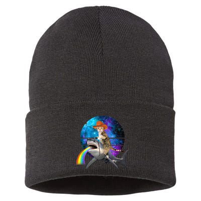 Funny Cat Riding Shark Puking Rainbow Galaxy Space Humor Pun Ank Op Sustainable Knit Beanie