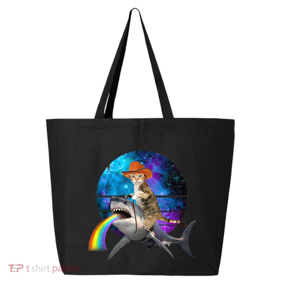 Funny Cat Riding Shark Puking Rainbow Galaxy Space Humor Pun Ank Op 25L Jumbo Tote