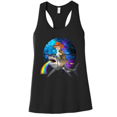 Funny Cat Riding Shark Puking Rainbow Galaxy Space Humor Pun Ank Op Women's Racerback Tank