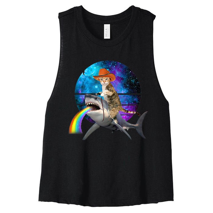 Funny Cat Riding Shark Puking Rainbow Galaxy Space Humor Pun Ank Op Women's Racerback Cropped Tank