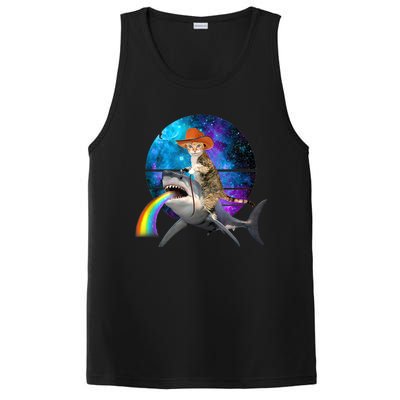 Funny Cat Riding Shark Puking Rainbow Galaxy Space Humor Pun Ank Op PosiCharge Competitor Tank