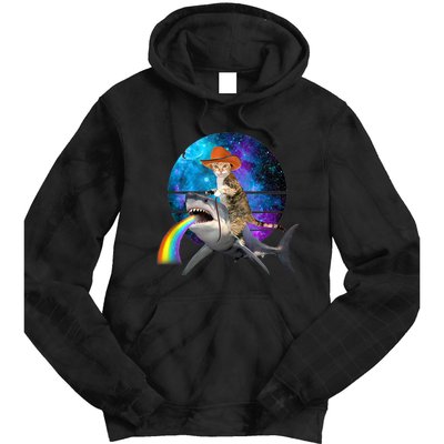 Funny Cat Riding Shark Puking Rainbow Galaxy Space Humor Pun Ank Op Tie Dye Hoodie