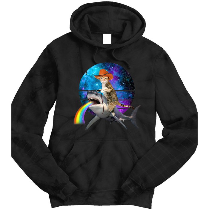 Funny Cat Riding Shark Puking Rainbow Galaxy Space Humor Pun Ank Op Tie Dye Hoodie