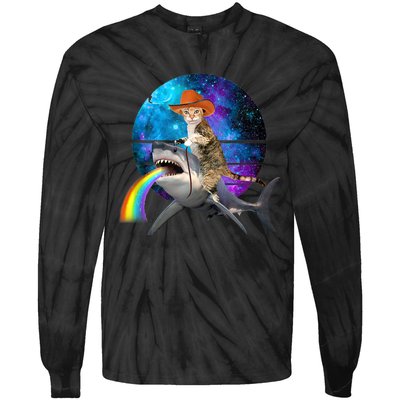 Funny Cat Riding Shark Puking Rainbow Galaxy Space Humor Pun Ank Op Tie-Dye Long Sleeve Shirt