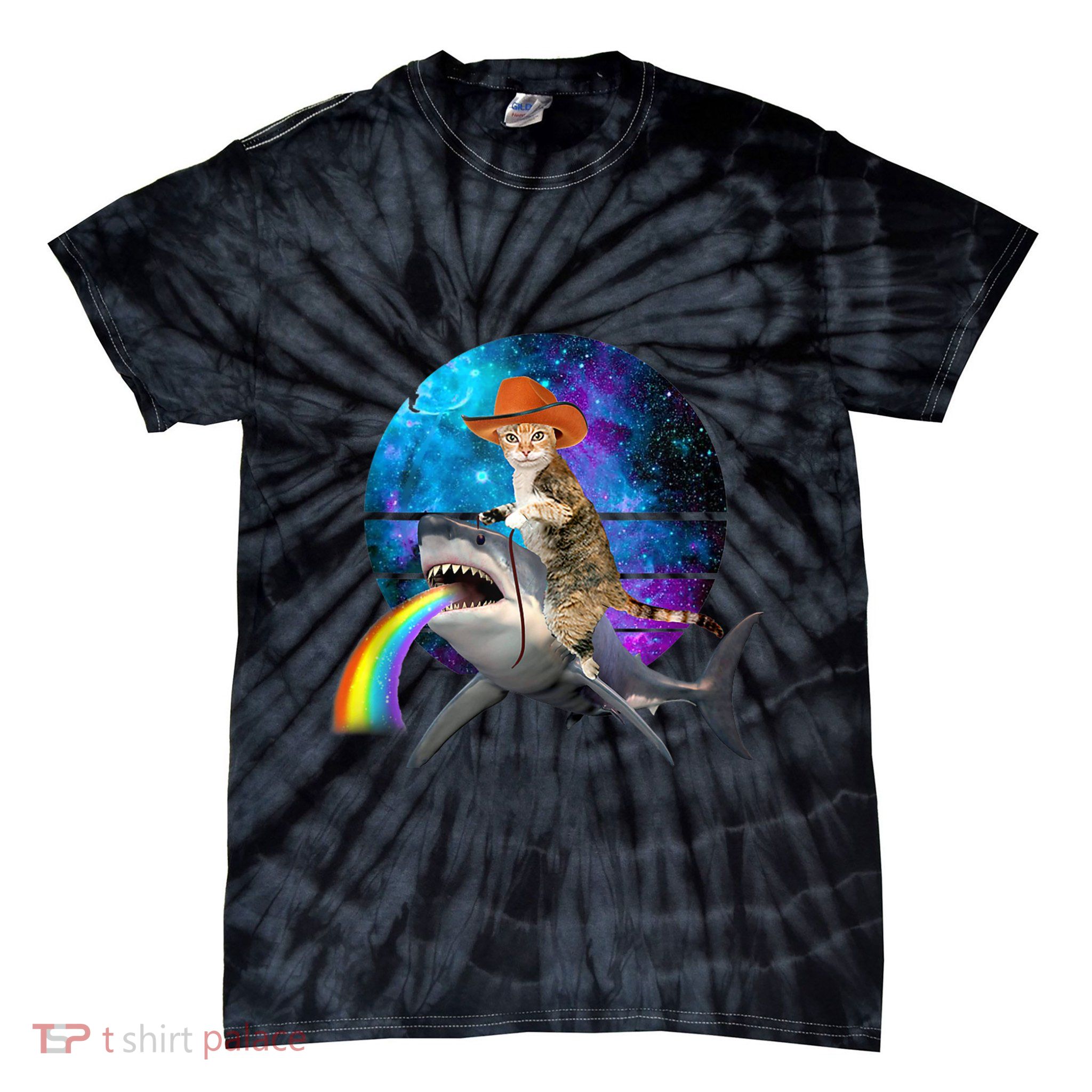 Funny Cat Riding Shark Puking Rainbow Galaxy Space Humor Pun Ank Op Tie-Dye T-Shirt