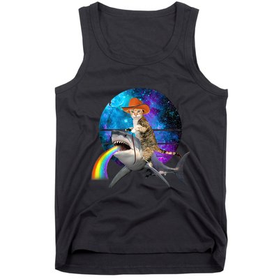 Funny Cat Riding Shark Puking Rainbow Galaxy Space Humor Pun Ank Op Tank Top
