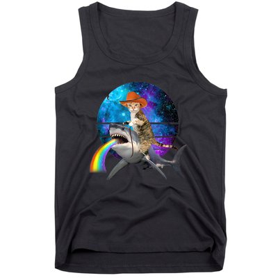 Funny Cat Riding Shark Puking Rainbow Galaxy Space Humor Pun Ank Op Tank Top