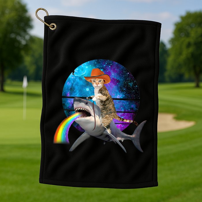 Funny Cat Riding Shark Puking Rainbow Galaxy Space Humor Pun Ank Op Golf Towel
