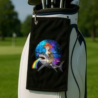 Funny Cat Riding Shark Puking Rainbow Galaxy Space Humor Pun Ank Op Golf Towel
