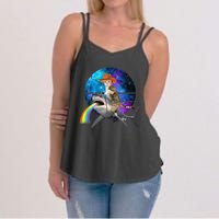 Funny Cat Riding Shark Puking Rainbow Galaxy Space Humor Pun Ank Op Women's Strappy Tank