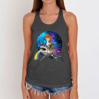 Funny Cat Riding Shark Puking Rainbow Galaxy Space Humor Pun Ank Op Women's Knotted Racerback Tank