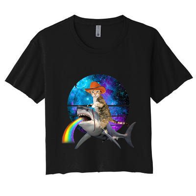 Funny Cat Riding Shark Puking Rainbow Galaxy Space Humor Pun Ank Op Crop Top