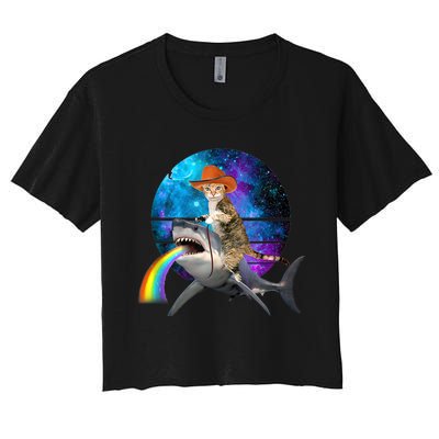 Funny Cat Riding Shark Puking Rainbow Galaxy Space Humor Pun Ank Op Women's Crop Top Tee