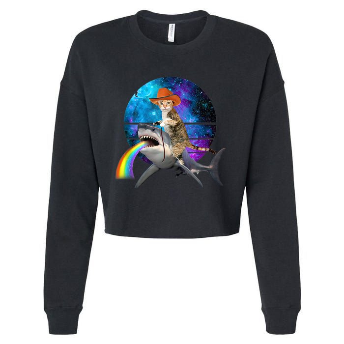 Funny Cat Riding Shark Puking Rainbow Galaxy Space Humor Pun Ank Op Cropped Pullover Crew