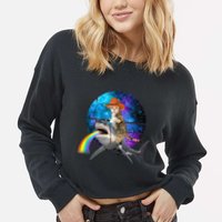 Funny Cat Riding Shark Puking Rainbow Galaxy Space Humor Pun Ank Op Cropped Pullover Crew