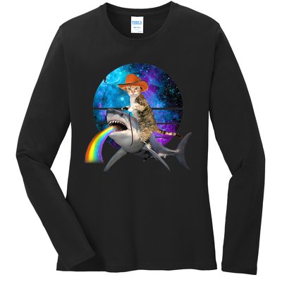 Funny Cat Riding Shark Puking Rainbow Galaxy Space Humor Pun Ank Op Ladies Long Sleeve Shirt