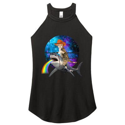 Funny Cat Riding Shark Puking Rainbow Galaxy Space Humor Pun Ank Op Women's Perfect Tri Rocker Tank