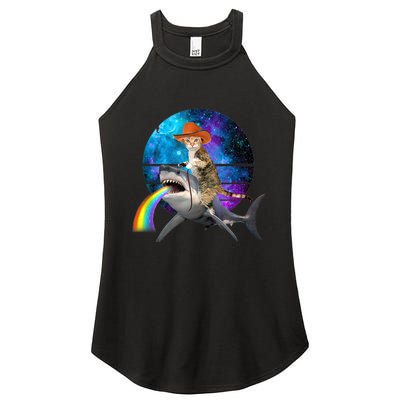 Funny Cat Riding Shark Puking Rainbow Galaxy Space Humor Pun Ank Op Women's Perfect Tri Rocker Tank