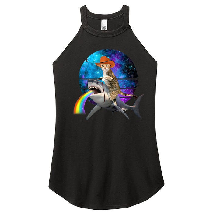 Funny Cat Riding Shark Puking Rainbow Galaxy Space Humor Pun Ank Op Women's Perfect Tri Rocker Tank