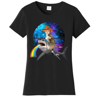 Funny Cat Riding Shark Puking Rainbow Galaxy Space Humor Pun Ank Op Women's T-Shirt