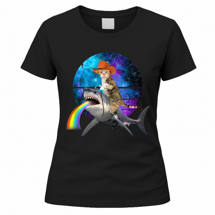 Funny Cat Riding Shark Puking Rainbow Galaxy Space Humor Pun Ank Op Women's T-Shirt